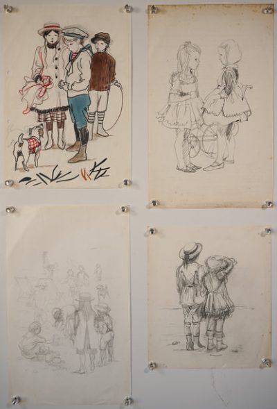 Four High Quality Drawings of Victorian Children at Play
