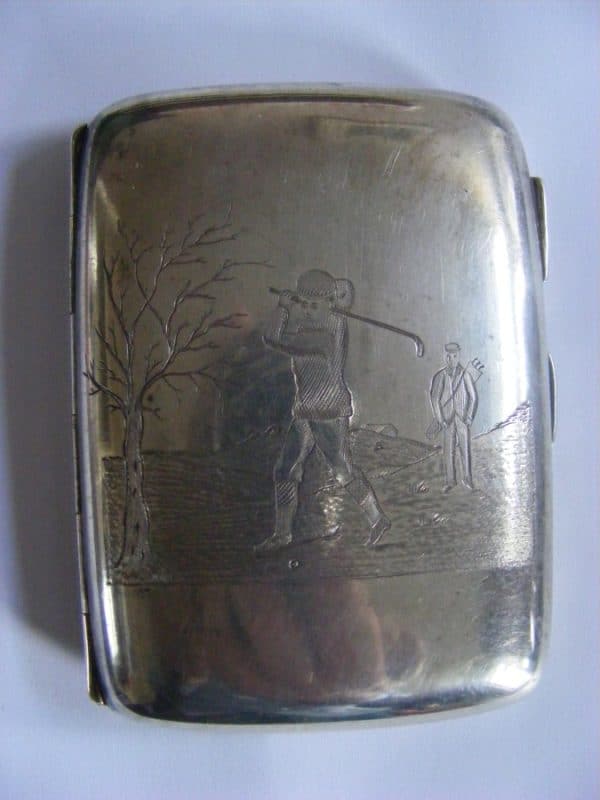 Exquisite GOLF Cigarette Case 1903 Curved Heavy 90g Original Bands Gilt Golfing