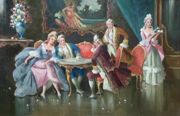 Versailles Paris Interior Genre Oil Portrait Painting Of Courtiers Playing Chess - Image 7
