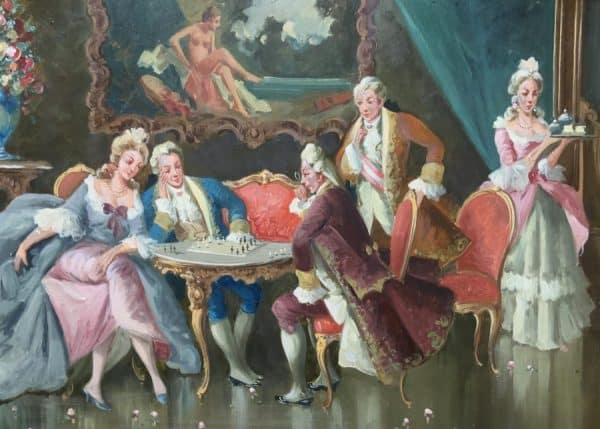Versailles Paris Interior Genre Oil Portrait Painting Of Courtiers Playing Chess - Image 3