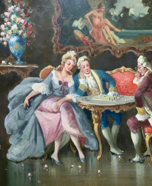 Versailles Paris Interior Genre Oil Portrait Painting Of Courtiers Playing Chess - Image 4