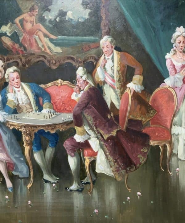 Versailles Paris Interior Genre Oil Portrait Painting Of Courtiers Playing Chess - Image 5