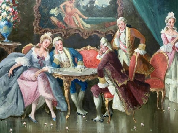 Versailles Paris Interior Genre Oil Portrait Painting Of Courtiers Playing Chess - Image 8
