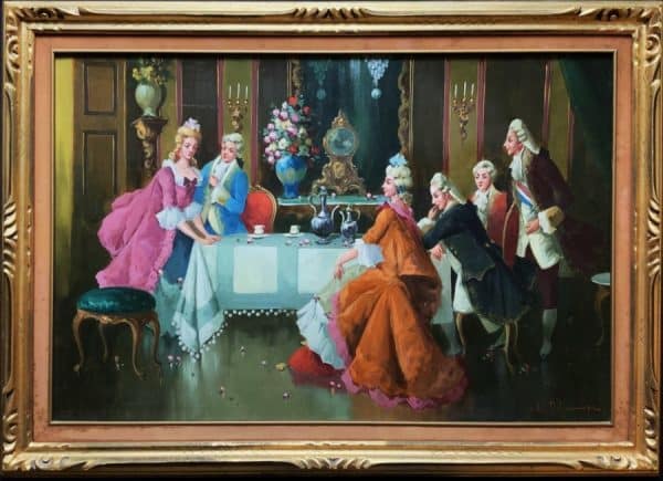 Afternoon Tea Versailles Paris Rococo Interior Genre Oil Portrait Painting Of Courtiers