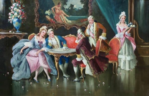 Versailles Paris Interior Genre Oil Portrait Painting Of Courtiers Playing Chess - Image 2