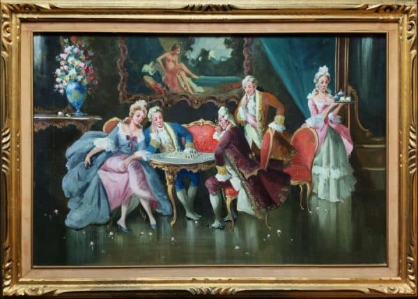Versailles Paris Interior Genre Oil Portrait Painting Of Courtiers Playing Chess