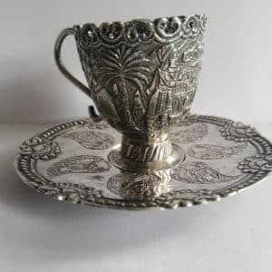 Exquisite & RARE WW2 Iraqi Silver MINIATURE Cup & Saucer BAGHDAD Marsh Arab Iraq Antique Silver