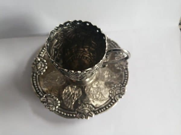 Exquisite & RARE WW2 Iraqi Silver MINIATURE Cup & Saucer BAGHDAD Marsh Arab Iraq Antique Silver 7