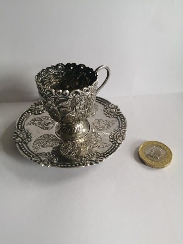 Exquisite & RARE WW2 Iraqi Silver MINIATURE Cup & Saucer BAGHDAD Marsh Arab Iraq Antique Silver 11