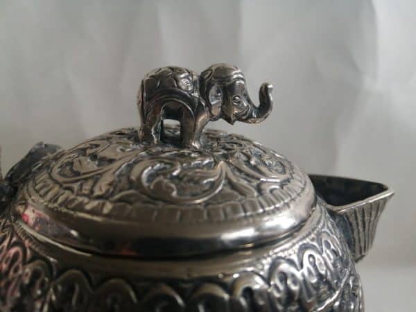RARE Anglo Indian Silver Bachelor’s Teapot c1890 SIGNED Kutch / Lucknow Elephant Finial Chennai Antique Silver 9