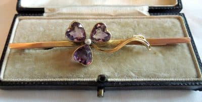 15ct Gold Amethyst, Seed Pearl Shamrock Brooch