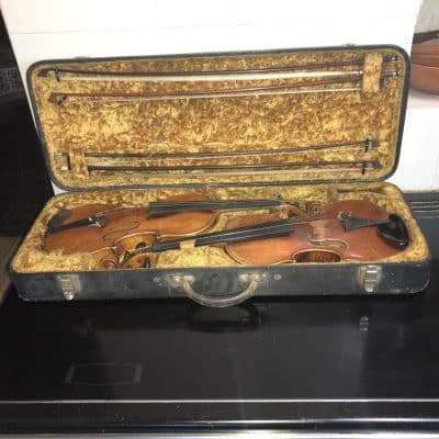 French Violins 4/4 cased with 4 bows.