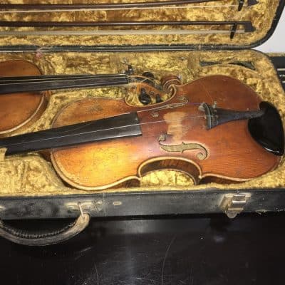 French Violins 4/4 cased with 4 bows. Antique Musical Instruments 4