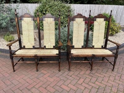 Rare Pair of William Birch Oak Settles c1895 Hall Seat Antique Benches 3