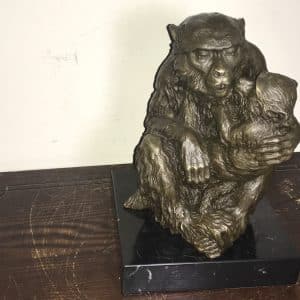 MOTHER & CHILD BRONZE ON MARBLE Antique Collectibles