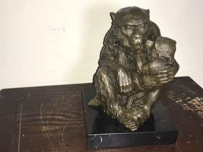 MOTHER & CHILD BRONZE ON MARBLE Antique Collectibles 3