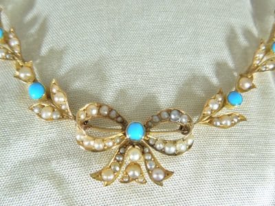 15ct Gold, Turquoise and Seed Pearl Necklace Seed Pearls Antique Jewellery 4