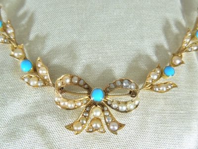 15ct Gold, Turquoise and Seed Pearl Necklace - Image 2