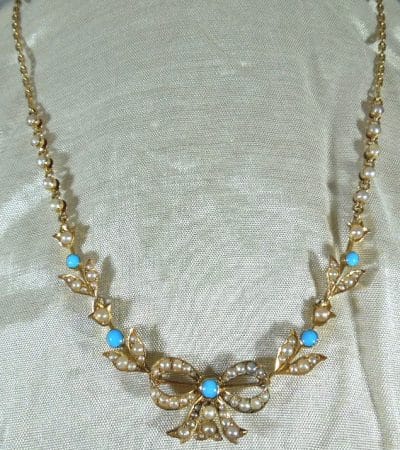 15ct Gold, Turquoise and Seed Pearl Necklace Seed Pearls Antique Jewellery 3
