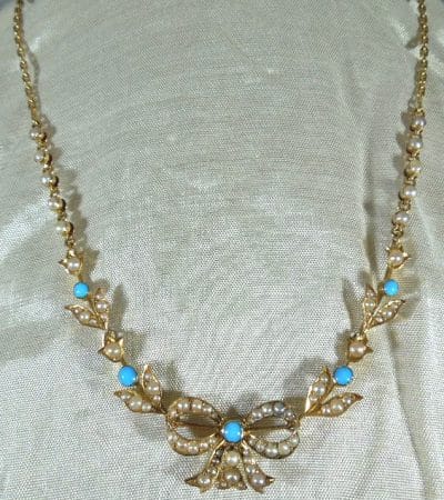 15ct Gold, Turquoise and Seed Pearl Necklace