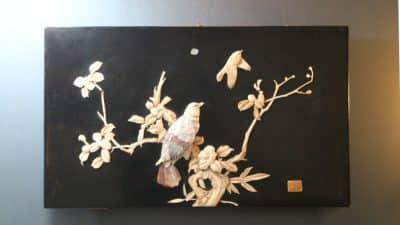 Japanese Shibayama Panel. Lacquered Carved Inlaid Wall Panel