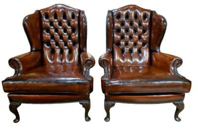 Pair of Vintage Leather Wing Chairs Antique Chairs 3