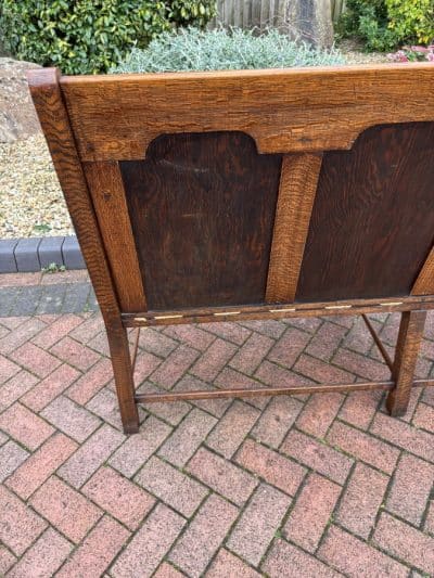 Arts & Crafts Oak and Leather Settle hall bench Antique Chairs 16