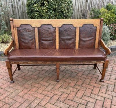 Arts & Crafts Oak and Leather Settle hall bench Antique Chairs 3