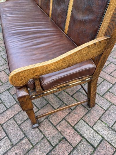 Arts & Crafts Oak and Leather Settle hall bench Antique Chairs 13