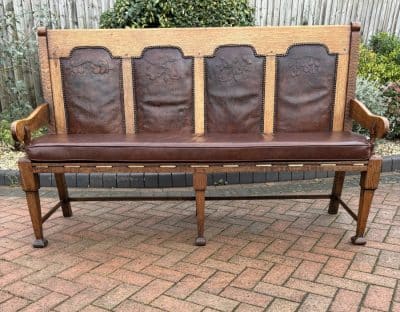 Arts & Crafts Oak and Leather Settle hall bench Antique Chairs 9