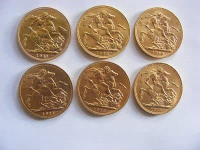6 FULL 22ct sovereigns George V 1911, 1912 Titanic Year, 1913 Original Receipt bullion Coins 3