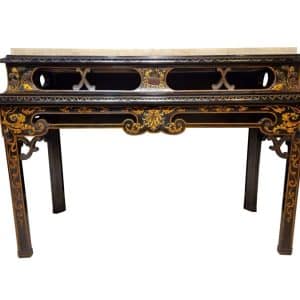 Black Lacquered Console Table with Marble Top Antique Furniture