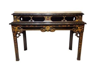 Black Lacquered Console Table with Marble Top Antique Furniture 3