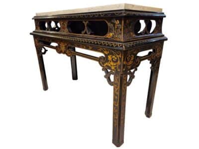 Black Lacquered Console Table with Marble Top Antique Furniture 5