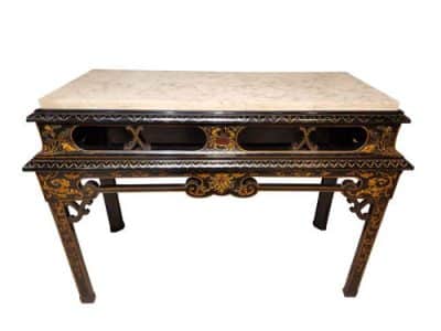 Black Lacquered Console Table with Marble Top Antique Furniture 6