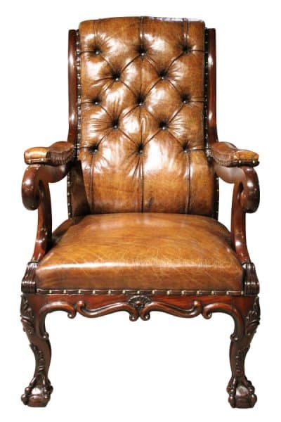 Mahogany Framed Leather Open Armchair Antique Chairs 3
