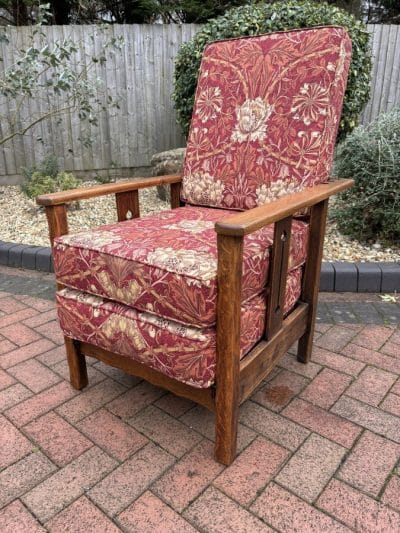 Arts & Crafts Oak Reclining Armchair with Footrest armchair Antique Chairs 8