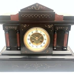 Awesome French 8-Day Slate Mantel Clock – Fine Striking Clock With Red Marble Inlay