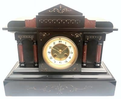 Awesome French 8-Day Slate Mantel Clock – Fine Striking Clock With Red Marble Inlay