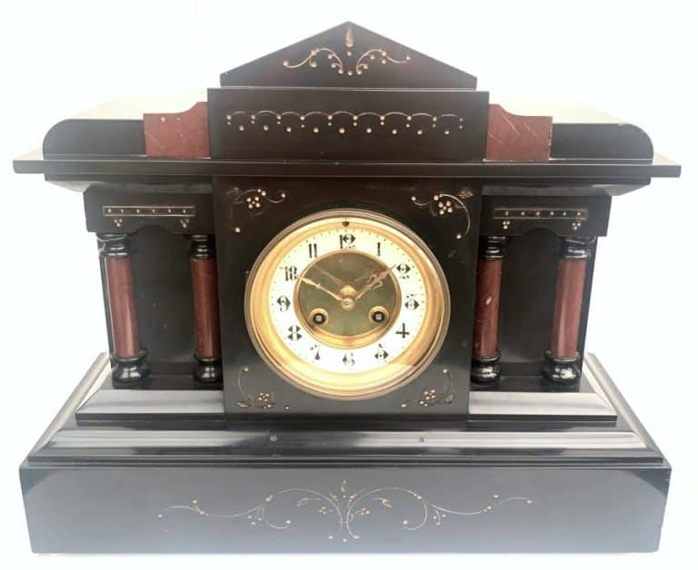 Awesome French 8-Day Slate Mantel Clock – Fine Striking Clock With Red Marble Inlay