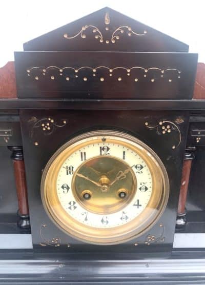 Awesome French 8-Day Slate Mantel Clock – Fine Striking Clock With Red Marble Inlay