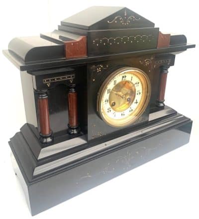 Awesome French 8-Day Slate Mantel Clock – Fine Striking Clock With Red Marble Inlay