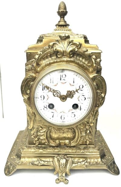 Exceptional French Ormolu Mantel Clock Embossed Floral Case Striking 8-Day Mantle Clock