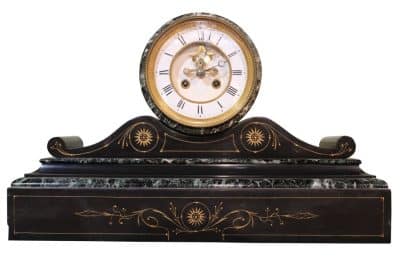 8 Day Slate & Verdi Anticho Marble Drumhead Mantle Clock Antique Clocks 3