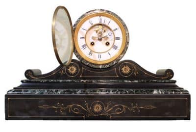 8 Day Slate & Verdi Anticho Marble Drumhead Mantle Clock Antique Clocks 6