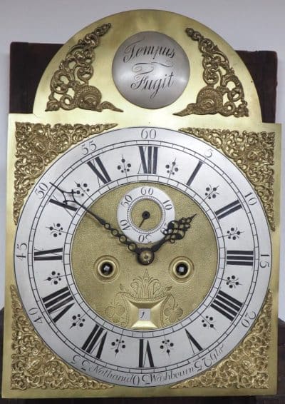 19THC Swan Neck Pediment Longcase Clock Arched Silver & Brass Dial 8 Day Movement Signed Nathanid Washboun Gloucester Antique Antique Clocks 8