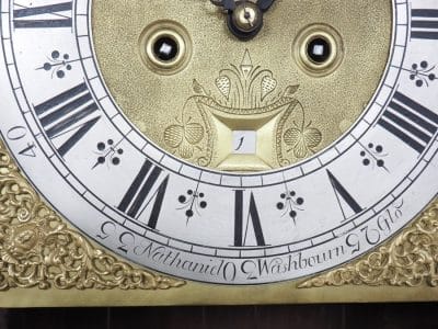 19THC Swan Neck Pediment Longcase Clock Arched Silver & Brass Dial 8 Day Movement Signed Nathanid Washboun Gloucester - Image 5