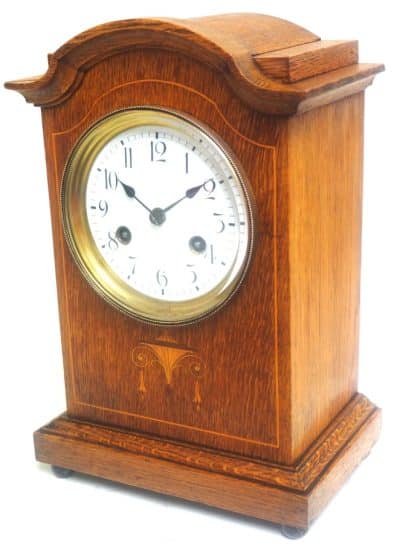 Antique Junghans German Mantel Clock C1900 Inlaid Oak Mantle Clock - Image 7