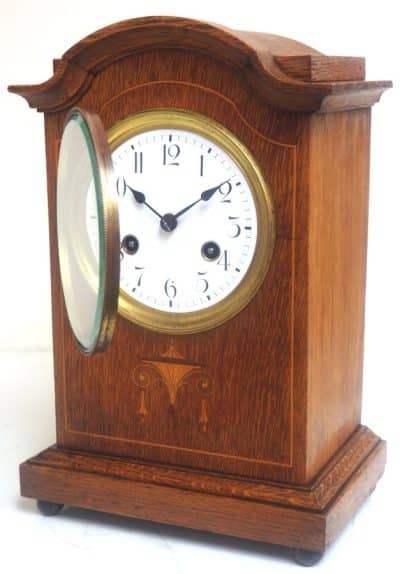 Antique Junghans German Mantel Clock C1900 Inlaid Oak Mantle Clock - Image 6