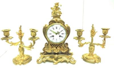 Superb Antique French Ormolu Mantel Candelabra Clock Set Scrolling Decoration French clock Antique Clocks 3